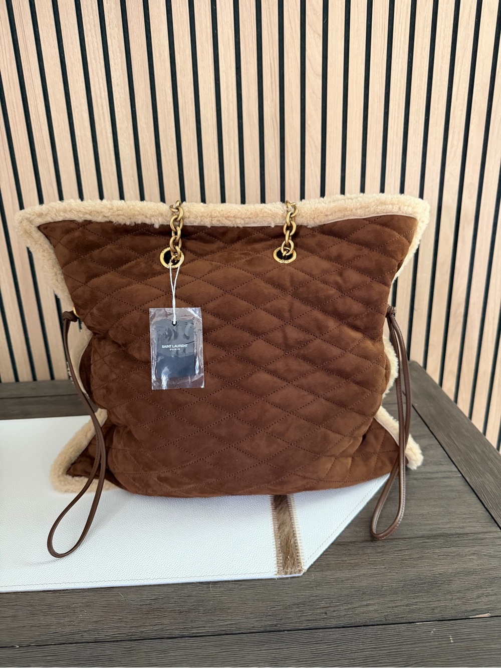 Saint Laurent Brown Quilted Suede Tote with Cream Shearling Trim